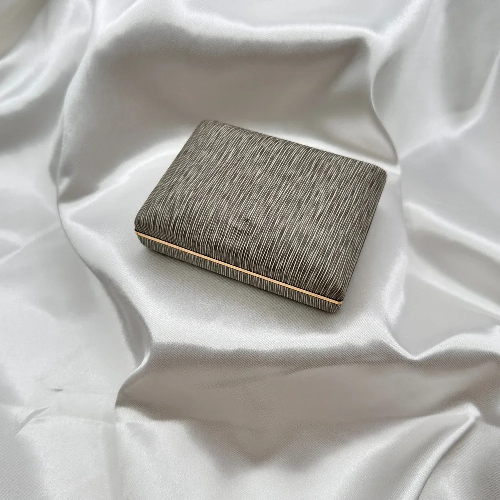 Vintage 80s Krementz Grey‎ Textured Silk Presentation Box Gold Tone Trim Jewelry